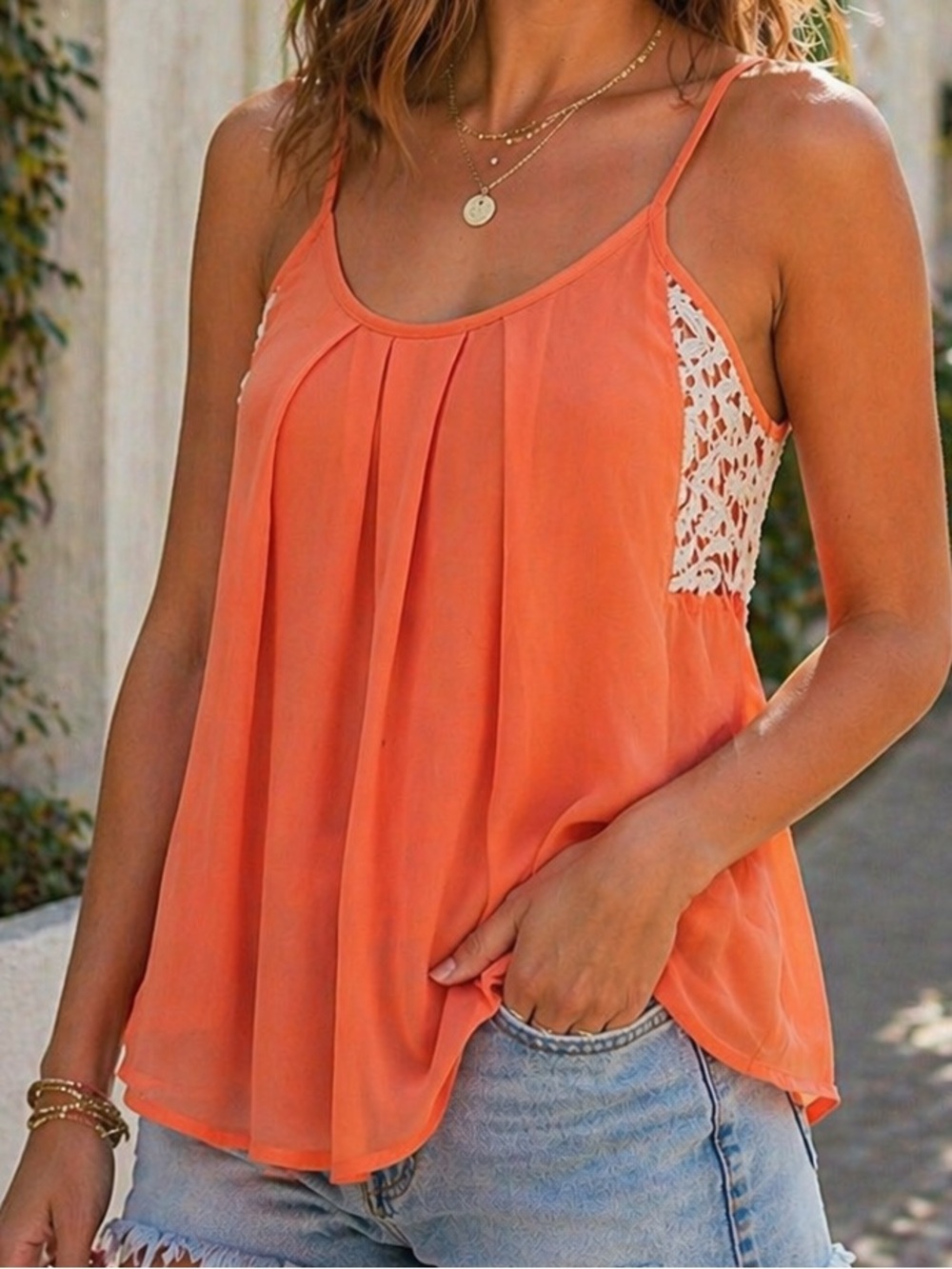 Chris & Carol Orange Lace Tank Top | Boho Sheer Summer Cami | Flowy Blouse